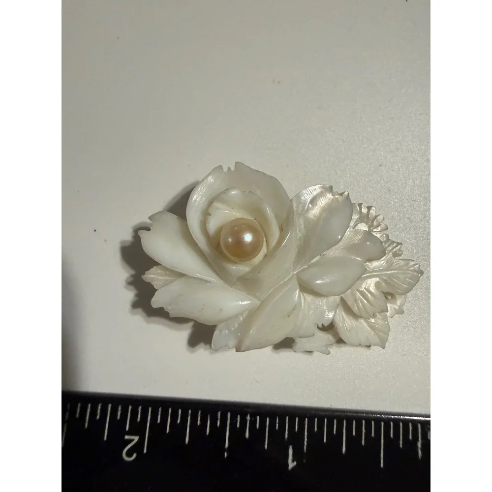 Carved Mother of Pearl Rose Brooch Pin Faux Pearl Center Floral Shell Jewelry